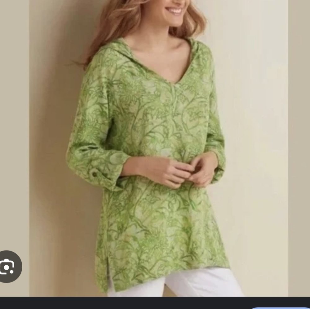 Soft Surroundings Green Graphic Lightweight Hooded Tunic Size 2x